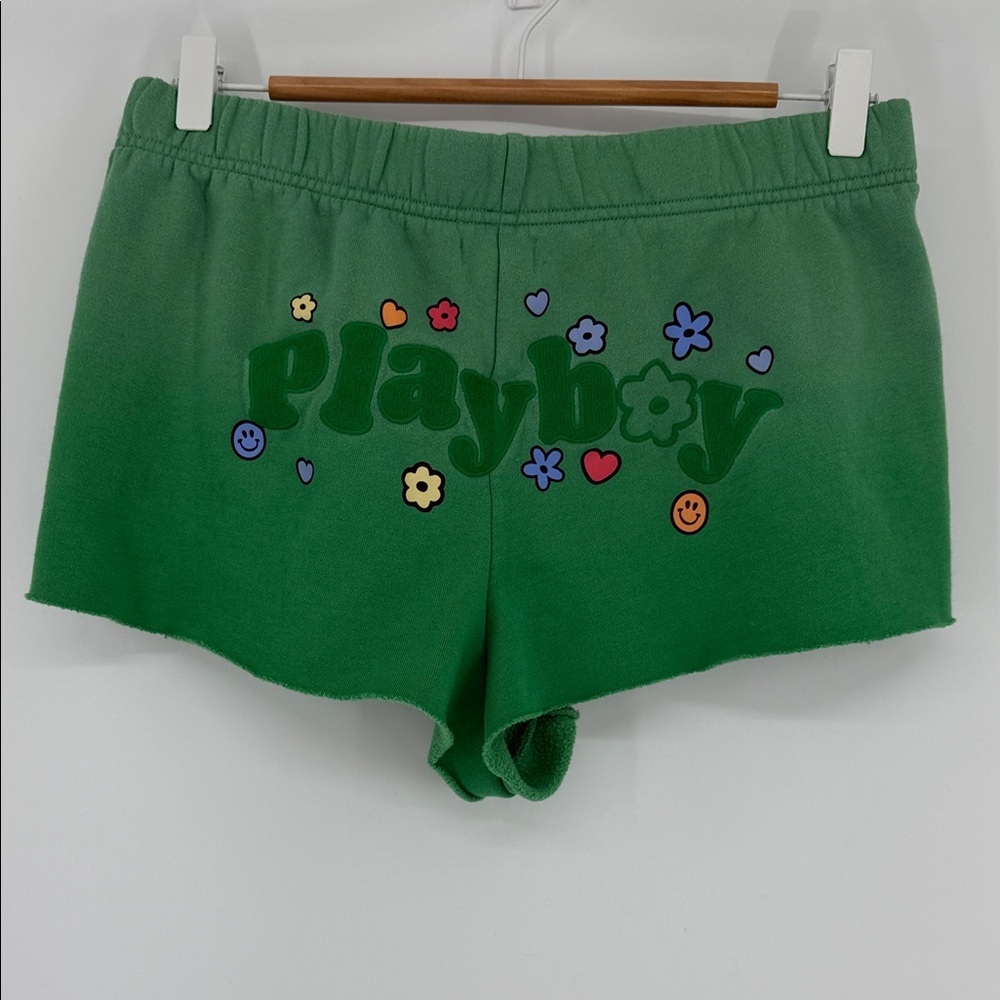 PLAYBOY Size Medium Green Floral Women's Athletic SweatShorts